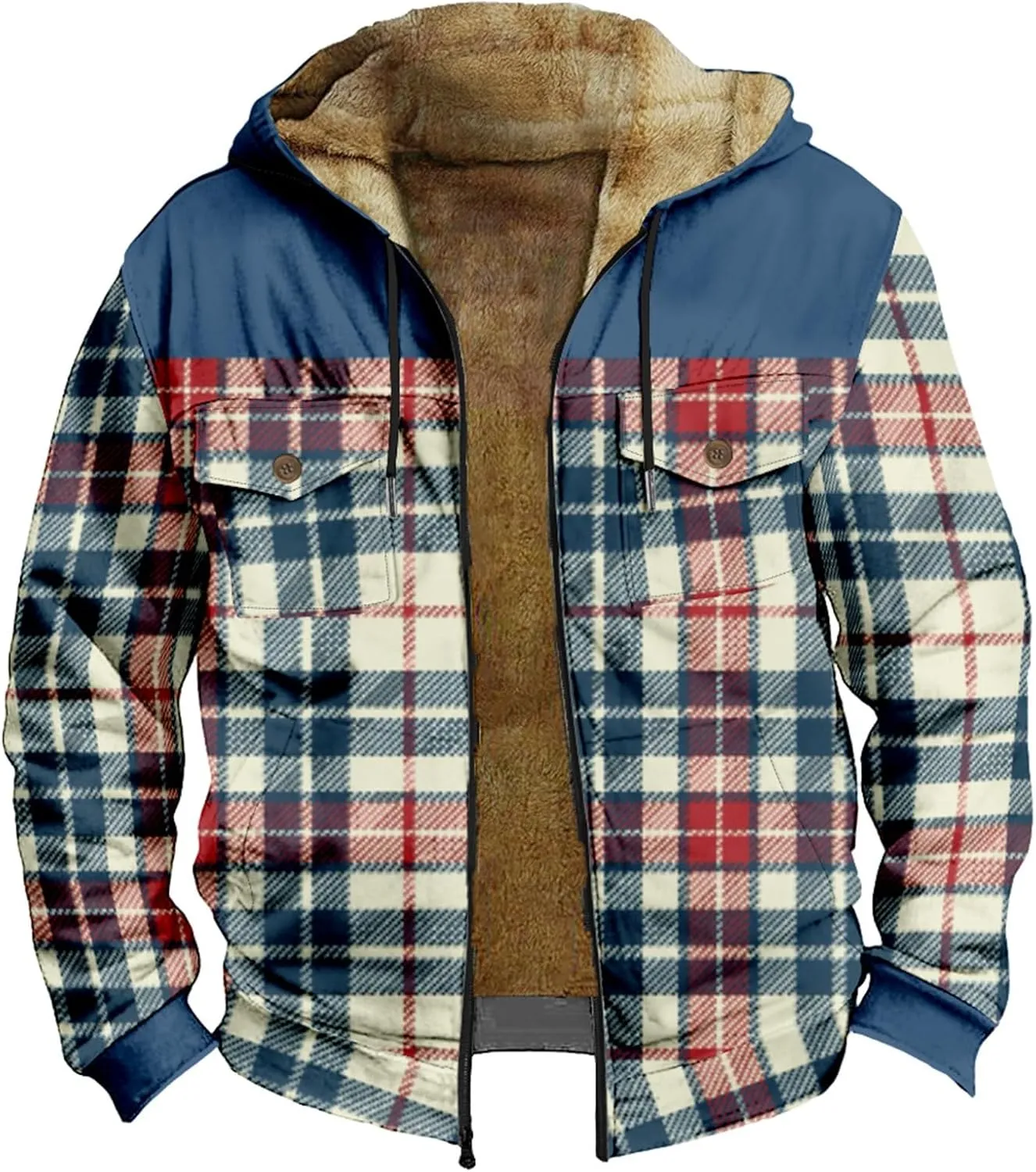 RTRDE Mens Work Coats and Jacket Plaid Fleece Sherpa Lined Heavyweight Thick Zip Up Hoodie Coats Outwear Coat, M-6XL