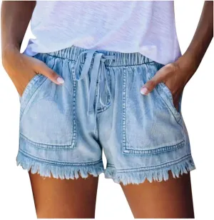 Rvidbe Womens Denim Shorts Juniors Casual Summer Mid Rise Stretchy Ripped Cuffed Hem Tassels Jean Shorts with Pockets Womens Denim Shorts Black Jean Shorts for Women High Waisted