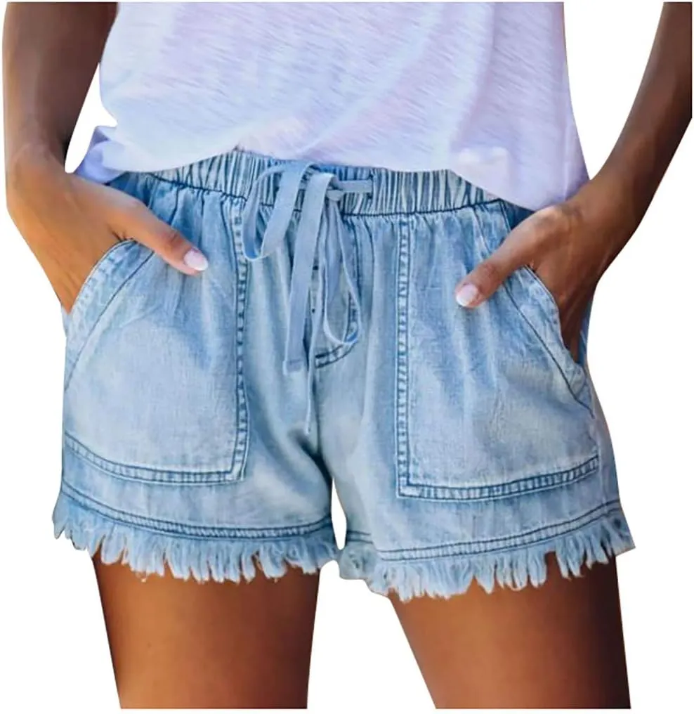 Rvidbe Womens Denim Shorts Juniors Casual Summer Mid Rise Stretchy Ripped Cuffed Hem Tassels Jean Shorts with Pockets Womens Denim Shorts Black Jean Shorts for Women High Waisted