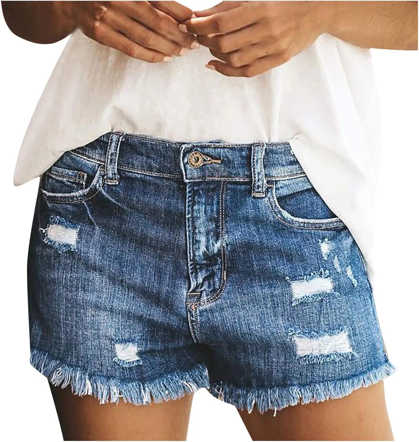 Rvidbe Womens Denim Shorts Teen Girls Casual Summer Comfy High Rise Stretchy Ripped Distressed Jean Shorts with Pockets Denim Shorts for Women High Waisted Jean Shorts for Women
