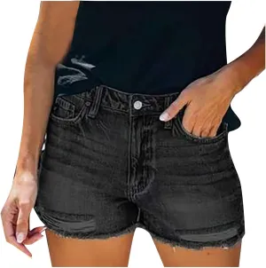 Rvidbe Womens Jean Shorts Teen Girls Casual Summer Comfy High Waisted Stretchy Ripped Denim Shorts with Pockets Black Denim Shorts Jean Shorts for Women Denim High Waisted