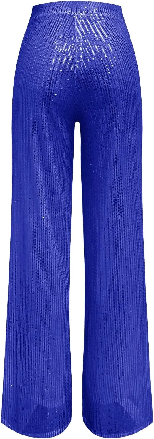 Sequin Pants Women Fashion High Waist Pant Sparkly Wide Leg Trousers Elastic Loose Side Zipper Shiny Pants