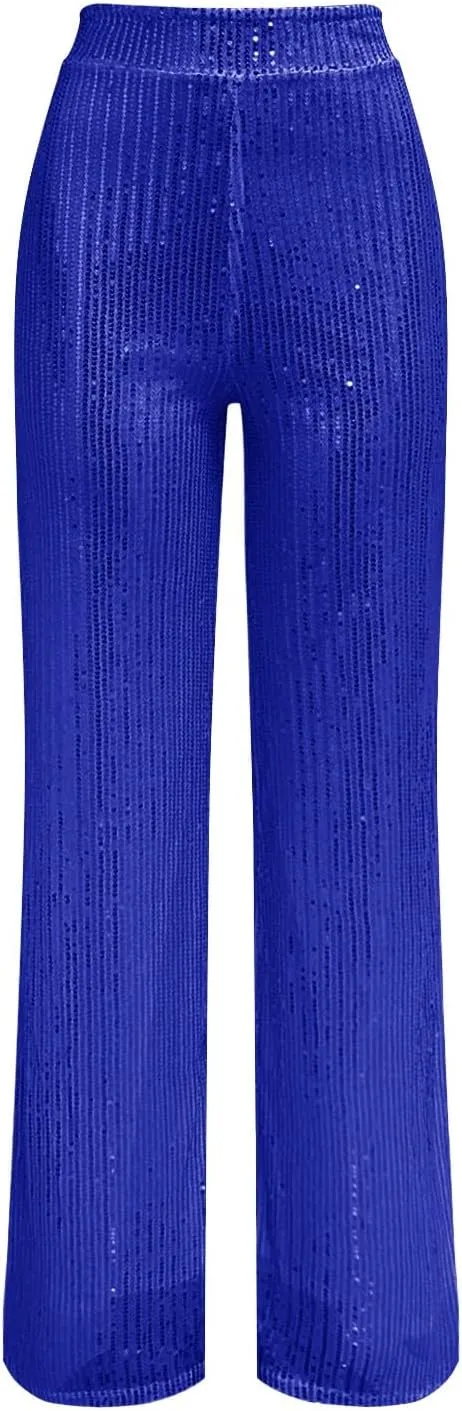 Sequin Pants Women Fashion High Waist Pant Sparkly Wide Leg Trousers Elastic Loose Side Zipper Shiny Pants