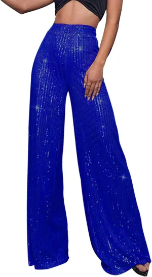 Sequin Pants Women Fashion High Waist Pant Sparkly Wide Leg Trousers Elastic Loose Side Zipper Shiny Pants