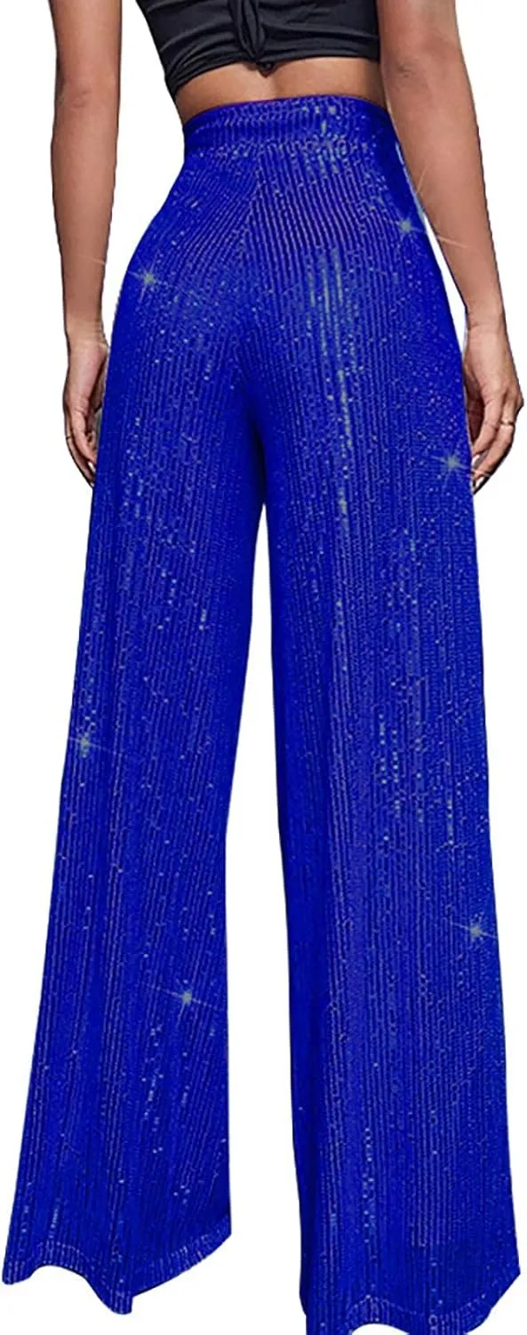 Sequin Pants Women Fashion High Waist Pant Sparkly Wide Leg Trousers Elastic Loose Side Zipper Shiny Pants