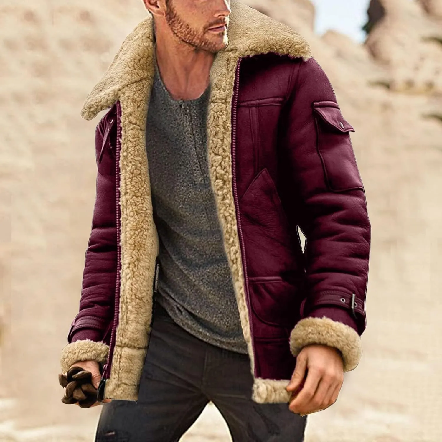 Shearling Coat Men Warm Fleece Lined Coat Aviator Shearling Sheepskin Leather Winter Jacket Lapel Work Cargo Jackets