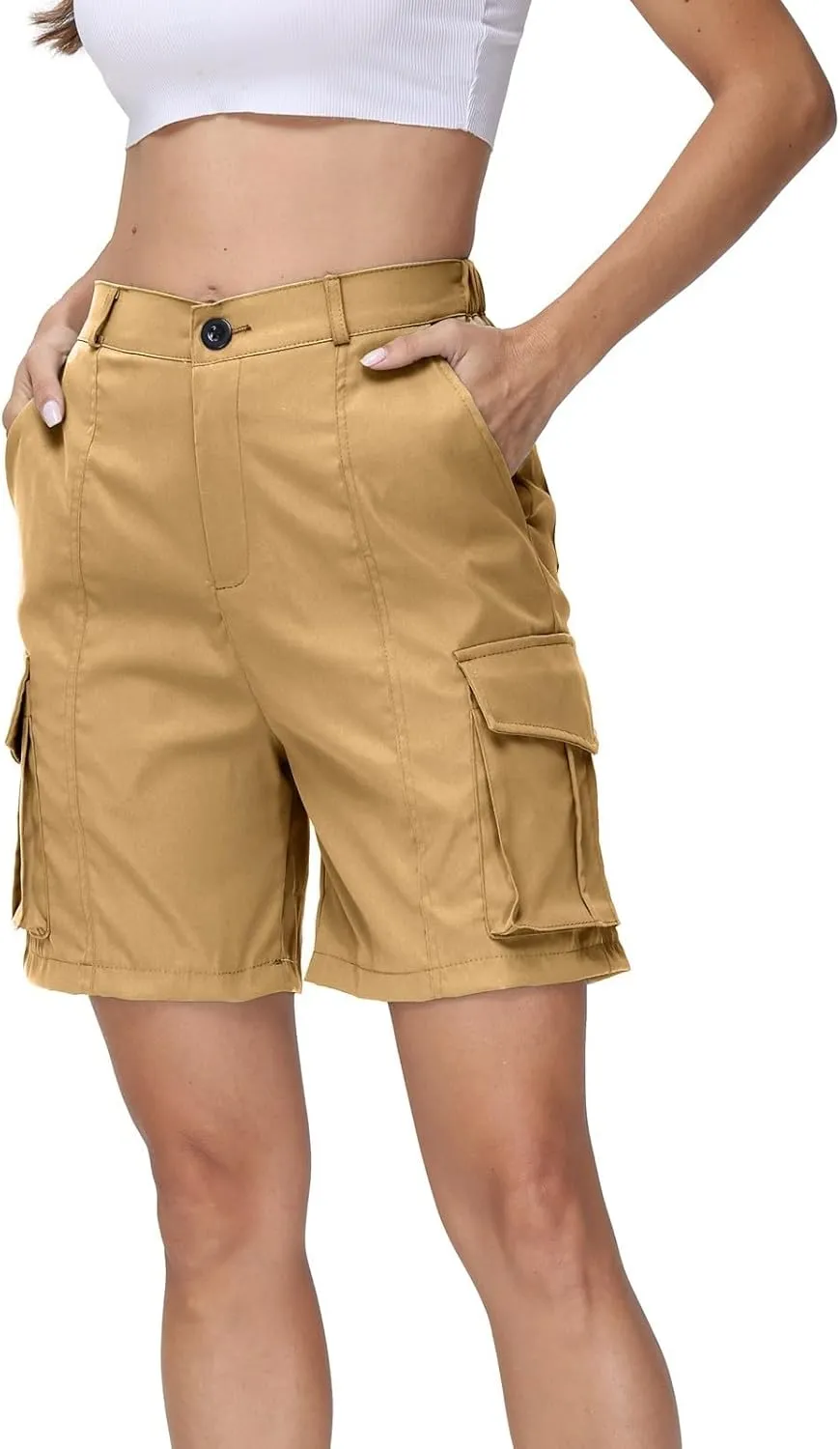 Shorts for Women Y2k Elastic High Waist Cargo Shorts Casual Knee Length Bermuda Shorts Summer Long Shorts with Pocket