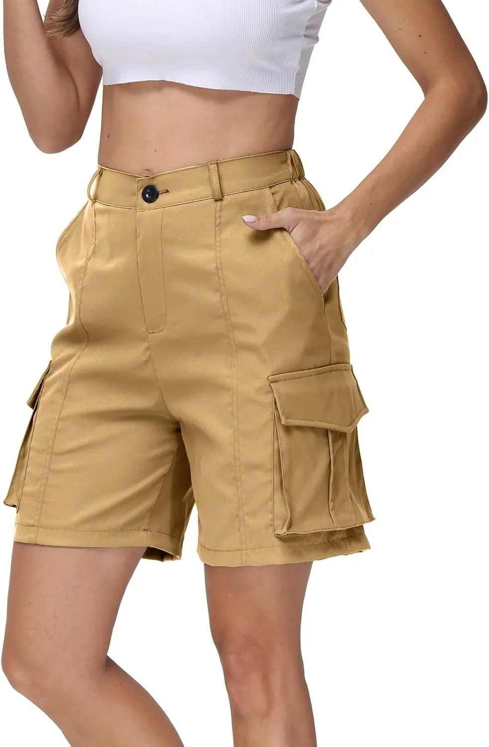 Shorts for Women Y2k Elastic High Waist Cargo Shorts Casual Knee Length Bermuda Shorts Summer Long Shorts with Pocket