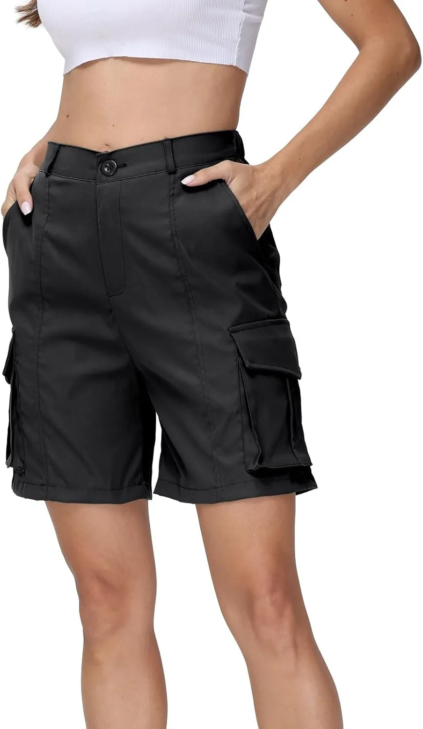 Shorts for Women Y2k Elastic High Waist Cargo Shorts Casual Knee Length Bermuda Shorts Summer Long Shorts with Pocket