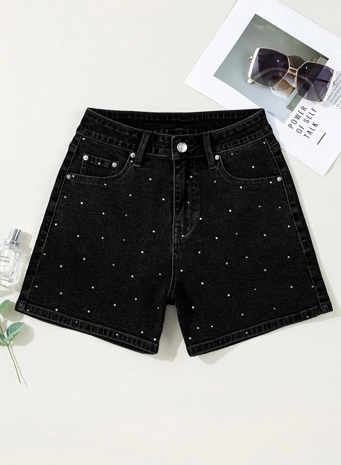 Sidefeel Women's Jean Shorts High Waisted Stretchy Casual Rhinestones Denim Shorts