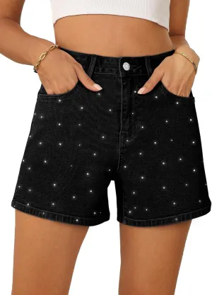 Sidefeel Women's Jean Shorts High Waisted Stretchy Casual Rhinestones Denim Shorts