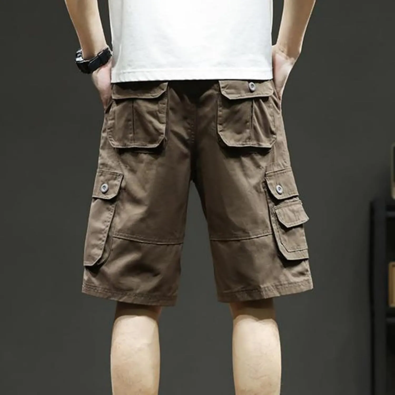 Sinzelimin Men's Cargo Shorts Fashion Solid Color Multiple Pockets Loose Comfy Knee Length Work Short Pants 5'' Sweatpant