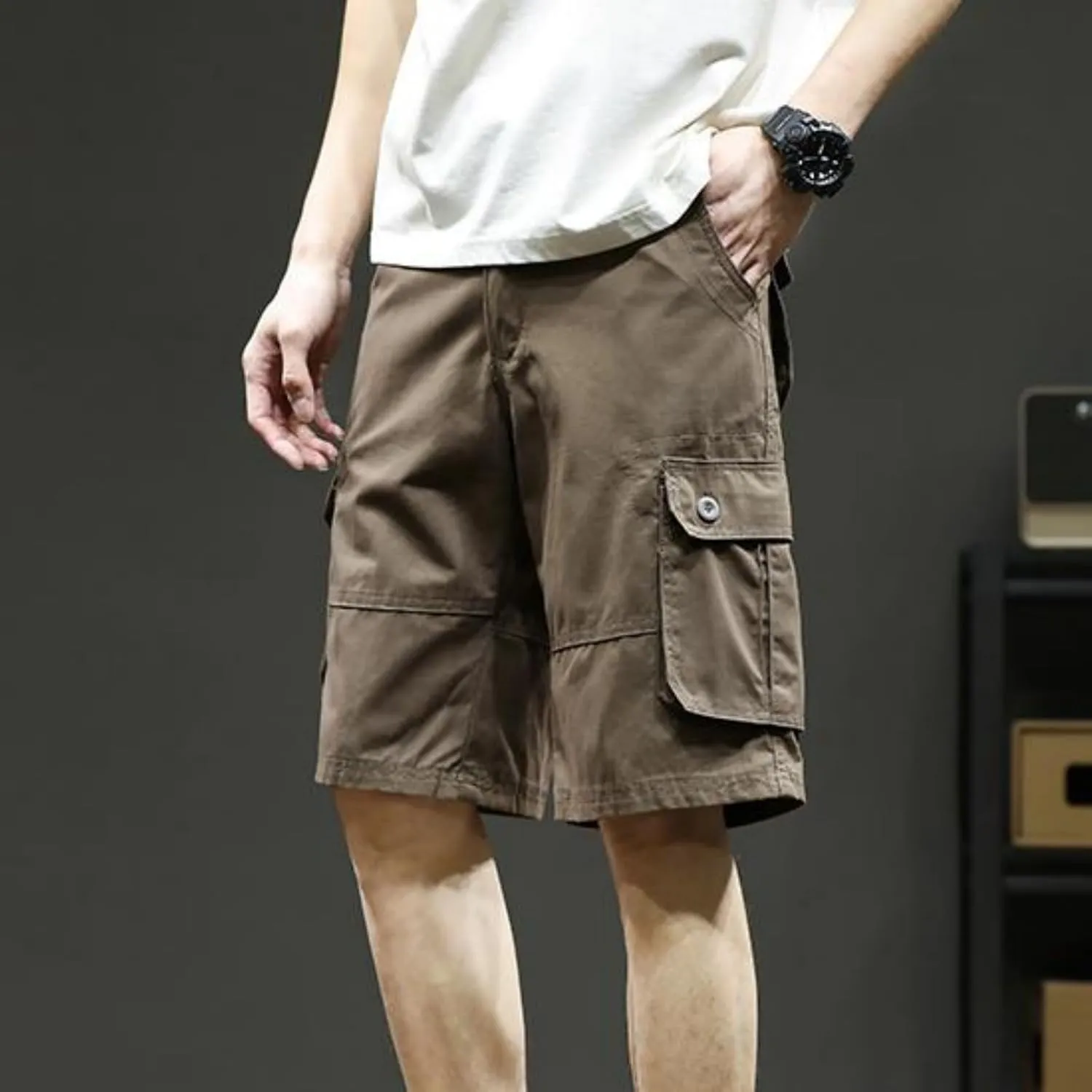 Sinzelimin Men's Cargo Shorts Fashion Solid Color Multiple Pockets Loose Comfy Knee Length Work Short Pants 5'' Sweatpant
