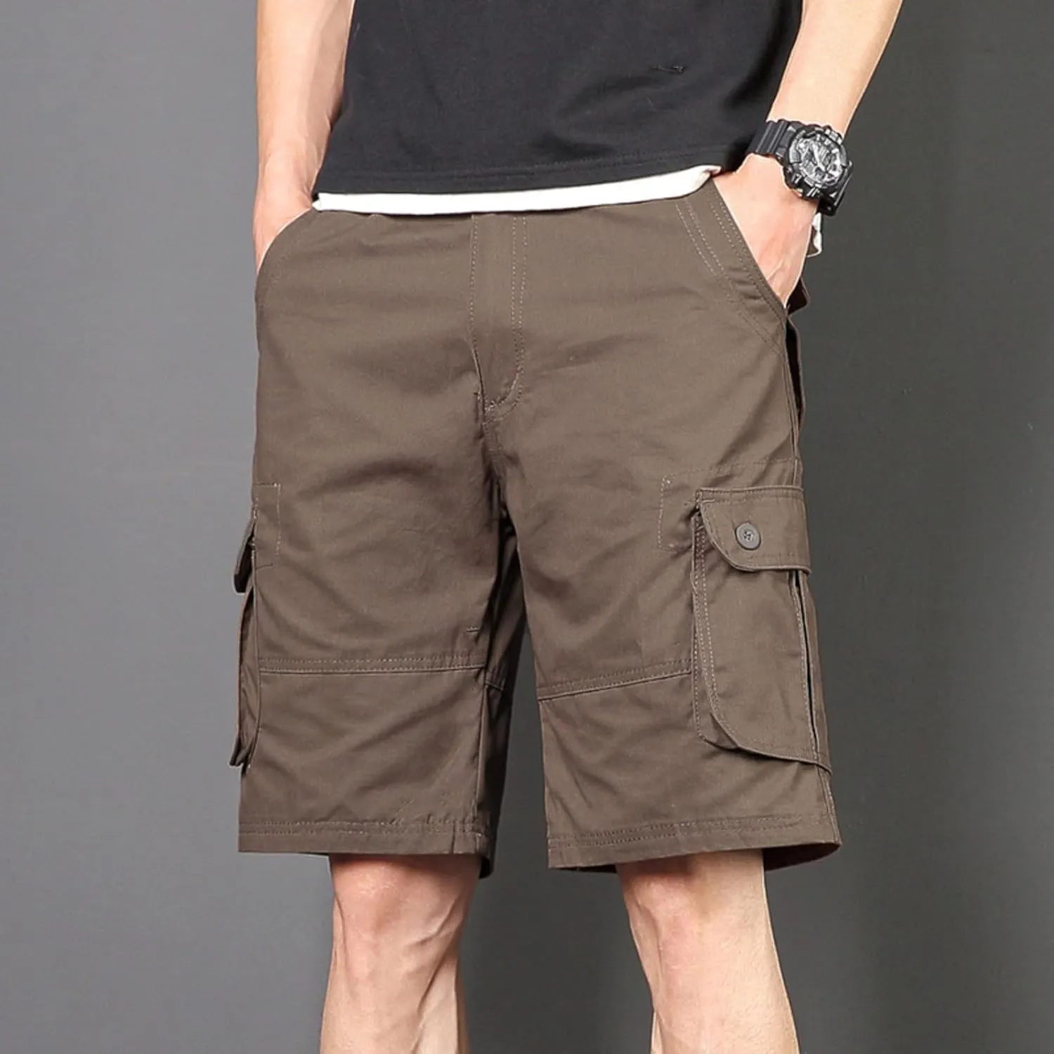 Sinzelimin Men's Cargo Shorts Fashion Solid Color Multiple Pockets Loose Comfy Knee Length Work Short Pants 5'' Sweatpant