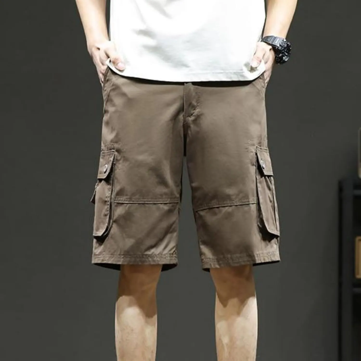 Sinzelimin Men's Cargo Shorts Fashion Solid Color Multiple Pockets Loose Comfy Knee Length Work Short Pants 5'' Sweatpant