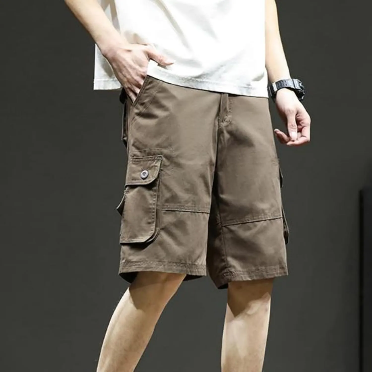 Sinzelimin Men's Cargo Shorts Fashion Solid Color Multiple Pockets Loose Comfy Knee Length Work Short Pants 5'' Sweatpant