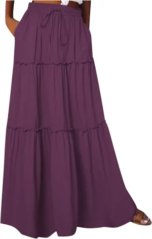 Skirts for Women Maxi Length Summer Skirts Flowy Long Skirt High Waisted Midi Skirt Tiered Beach Skirt with Pockets
