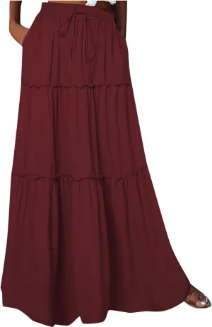 Skirts for Women Maxi Length Summer Skirts Flowy Long Skirt High Waisted Midi Skirt Tiered Beach Skirt with Pockets