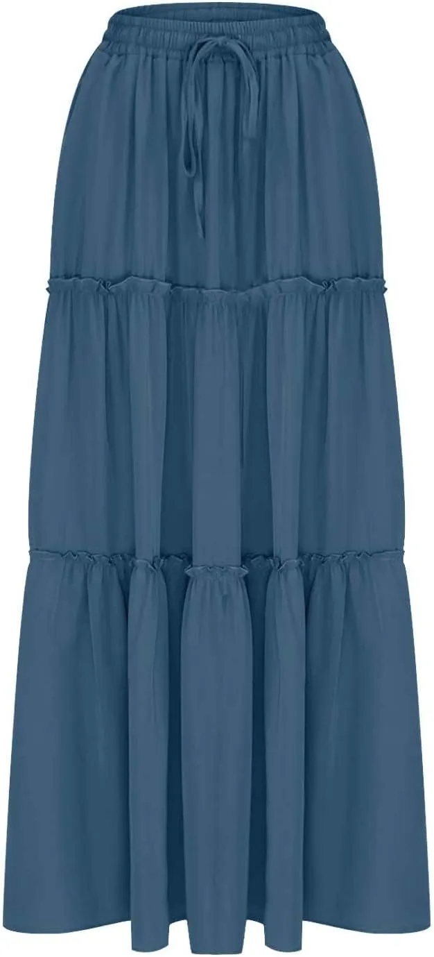 Skirts for Women Maxi Length Summer Skirts Flowy Long Skirt High Waisted Midi Skirt Tiered Beach Skirt with Pockets