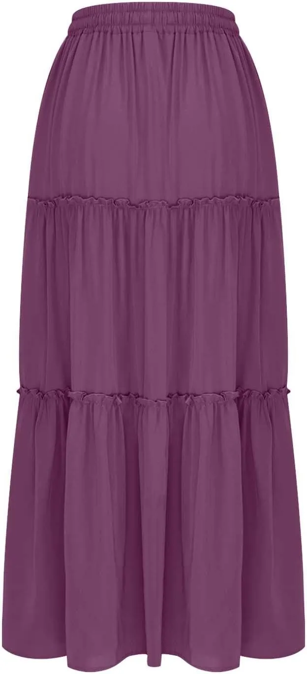 Skirts for Women Maxi Length Summer Skirts Flowy Long Skirt High Waisted Midi Skirt Tiered Beach Skirt with Pockets
