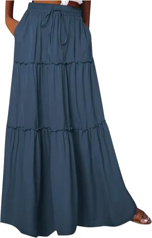 Skirts for Women Maxi Length Summer Skirts Flowy Long Skirt High Waisted Midi Skirt Tiered Beach Skirt with Pockets