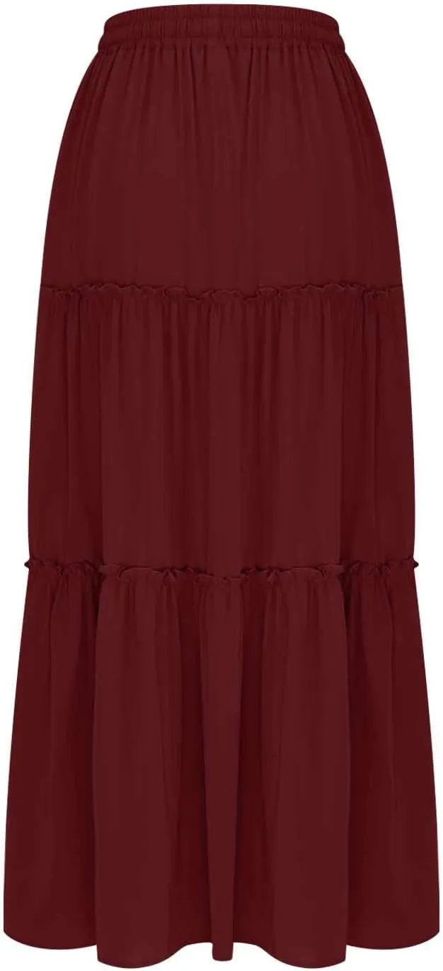 Skirts for Women Maxi Length Summer Skirts Flowy Long Skirt High Waisted Midi Skirt Tiered Beach Skirt with Pockets