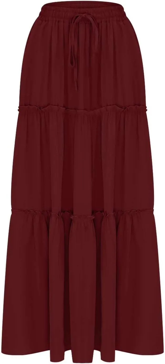 Skirts for Women Maxi Length Summer Skirts Flowy Long Skirt High Waisted Midi Skirt Tiered Beach Skirt with Pockets