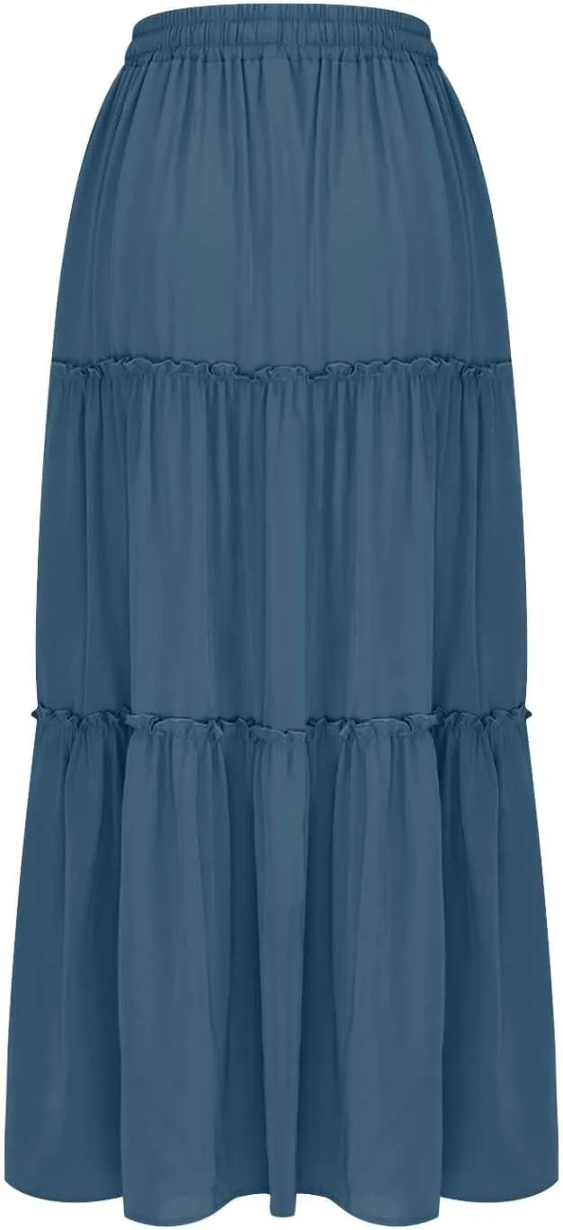 Skirts for Women Maxi Length Summer Skirts Flowy Long Skirt High Waisted Midi Skirt Tiered Beach Skirt with Pockets