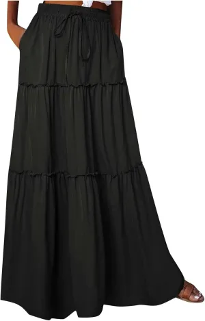 Skirts for Women Maxi Length Summer Skirts Flowy Long Skirt High Waisted Midi Skirt Tiered Beach Skirt with Pockets