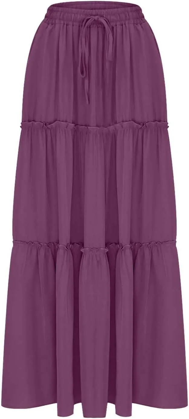 Skirts for Women Maxi Length Summer Skirts Flowy Long Skirt High Waisted Midi Skirt Tiered Beach Skirt with Pockets