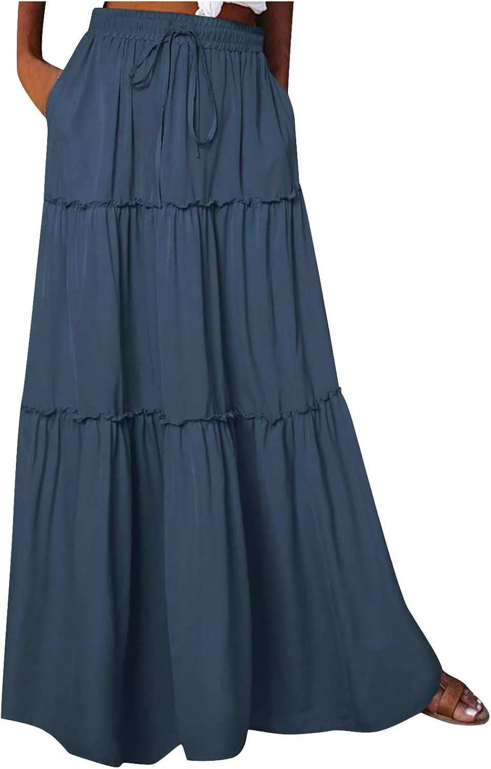 Skirts for Women Maxi Length Summer Skirts Flowy Long Skirt High Waisted Midi Skirt Tiered Beach Skirt with Pockets