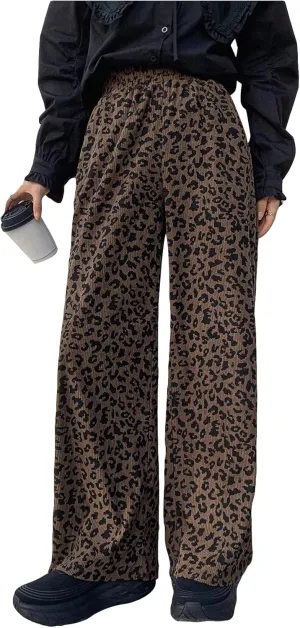 SOLY HUX Women's Leopard Print Pants High Waisted Wide Leg Baggy Corduroy Pants with Pockets