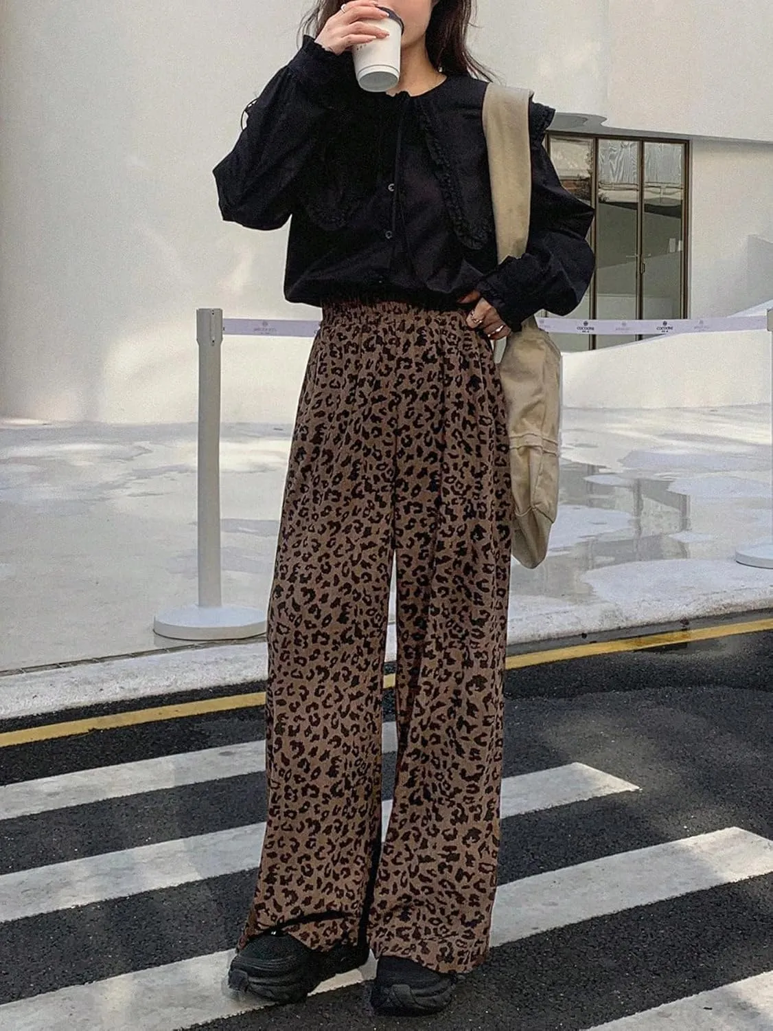SOLY HUX Women's Leopard Print Pants High Waisted Wide Leg Baggy Corduroy Pants with Pockets