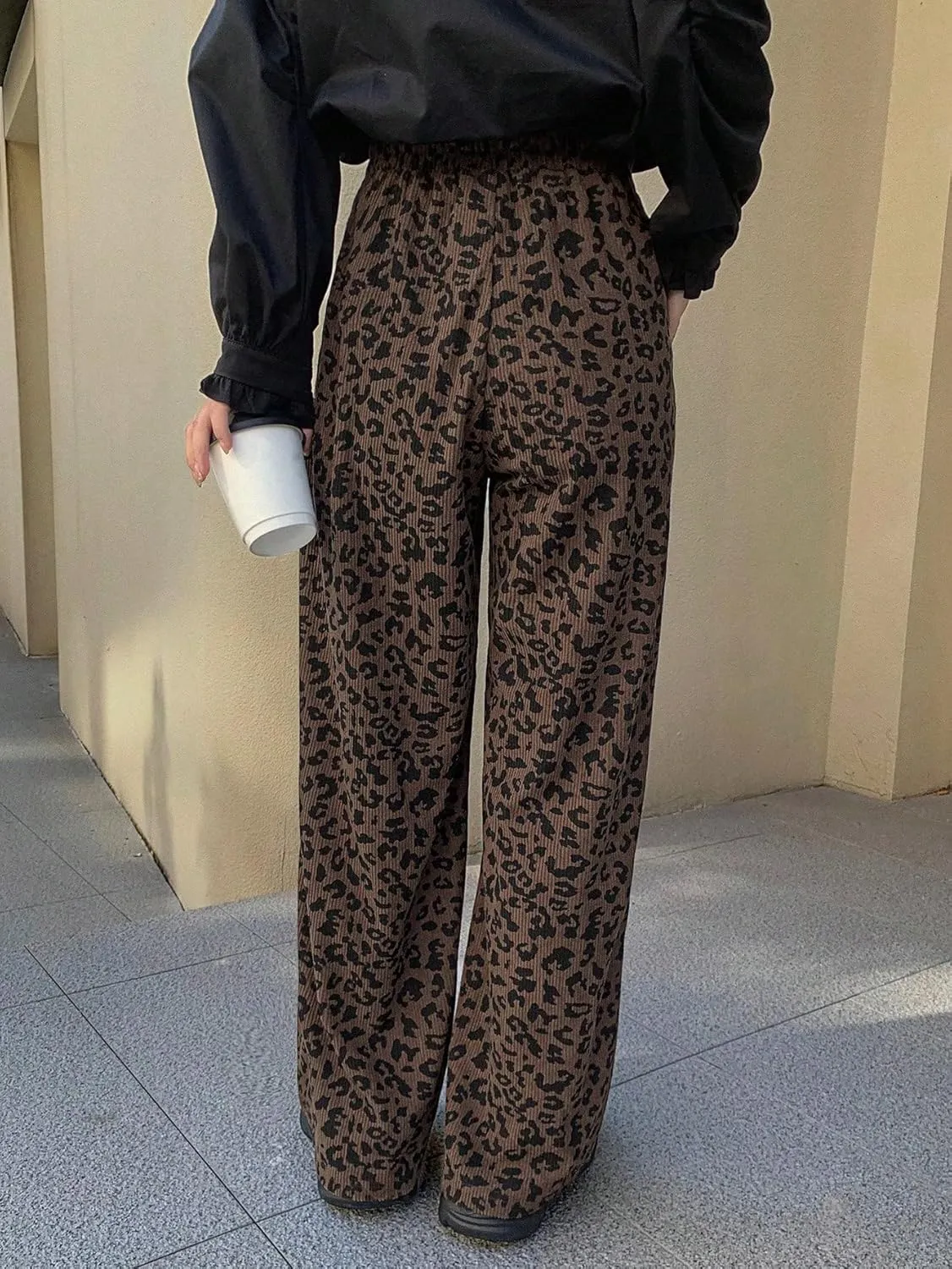 SOLY HUX Women's Leopard Print Pants High Waisted Wide Leg Baggy Corduroy Pants with Pockets