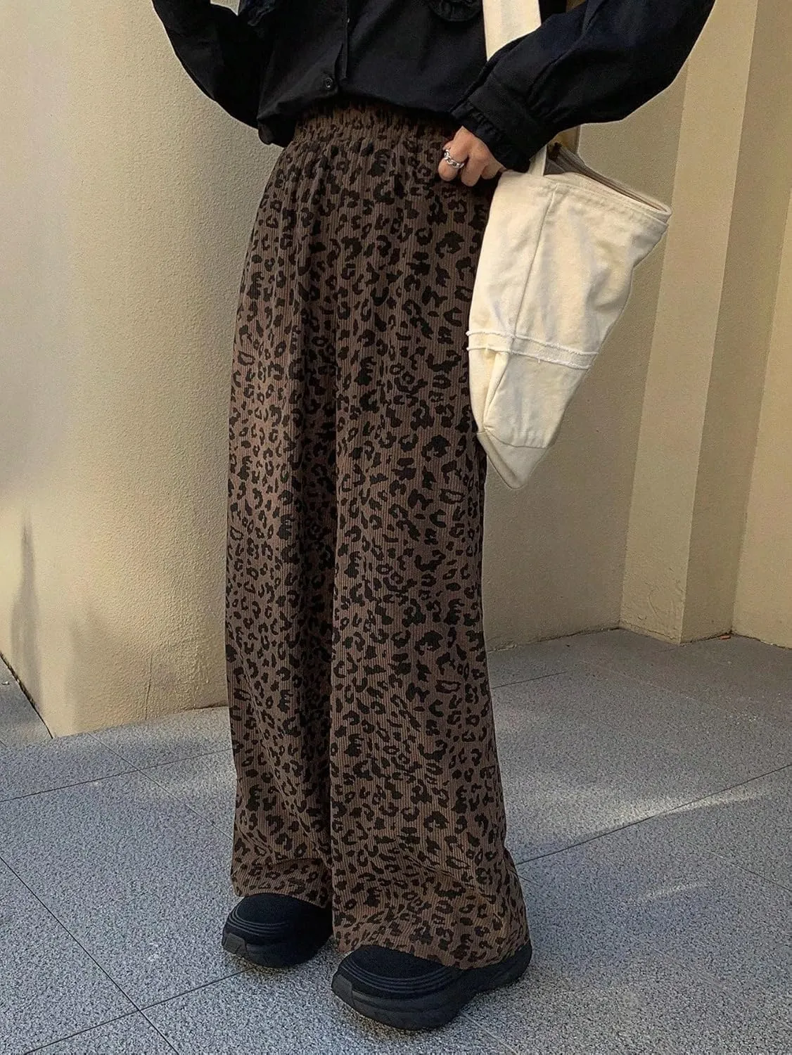 SOLY HUX Women's Leopard Print Pants High Waisted Wide Leg Baggy Corduroy Pants with Pockets