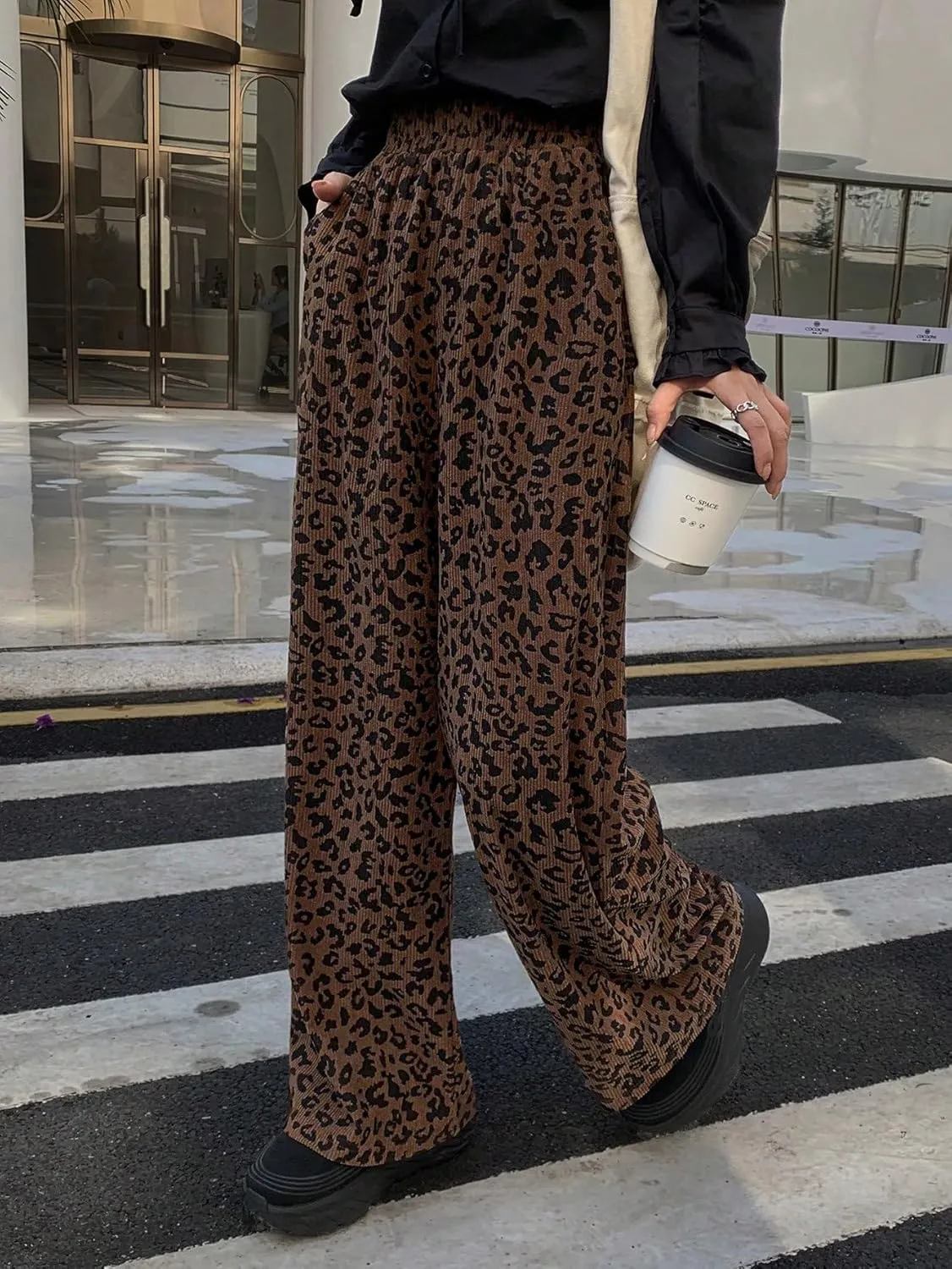 SOLY HUX Women's Leopard Print Pants High Waisted Wide Leg Baggy Corduroy Pants with Pockets
