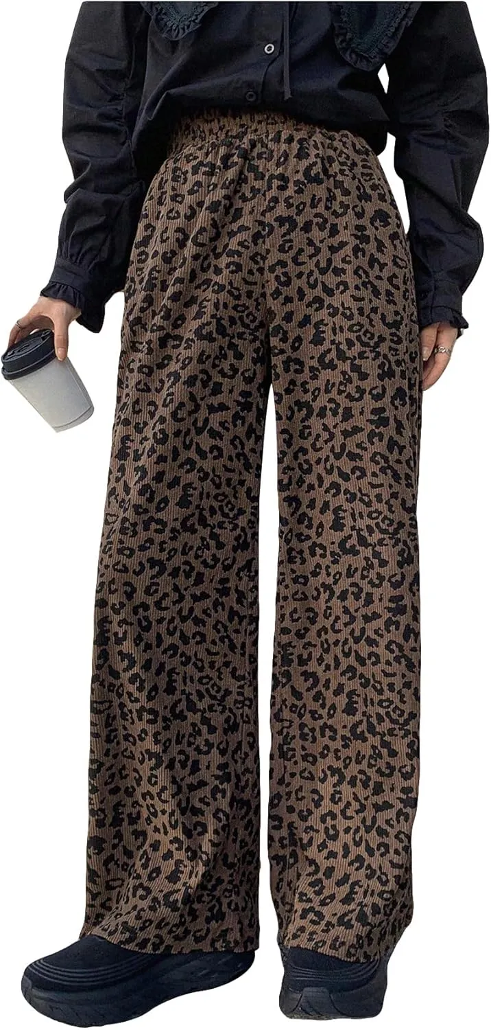 SOLY HUX Women's Leopard Print Pants High Waisted Wide Leg Baggy Corduroy Pants with Pockets