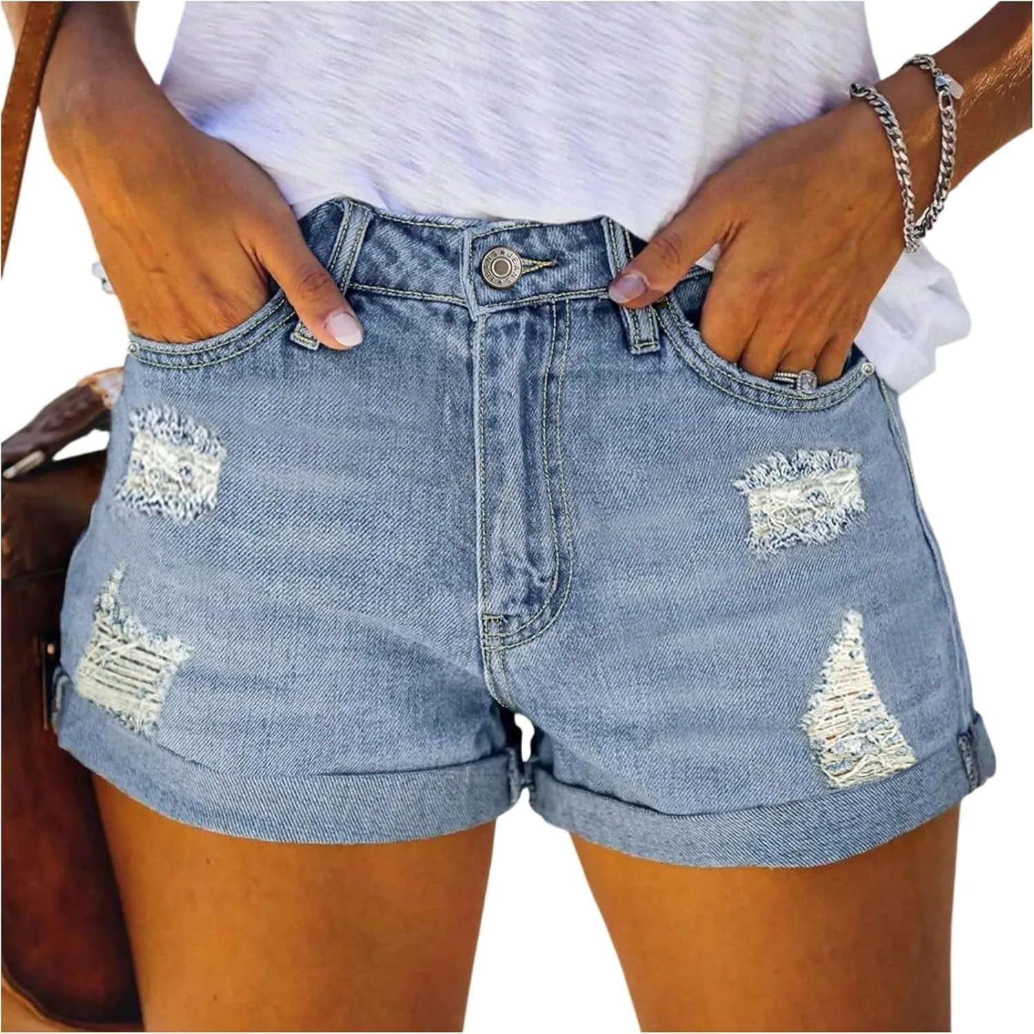 Stretch Denim Shorts Women High Waisted Pull On Loose Ripped Jean Shorts Raw Hem Cuffed Wide Leg Jorts with Pockets