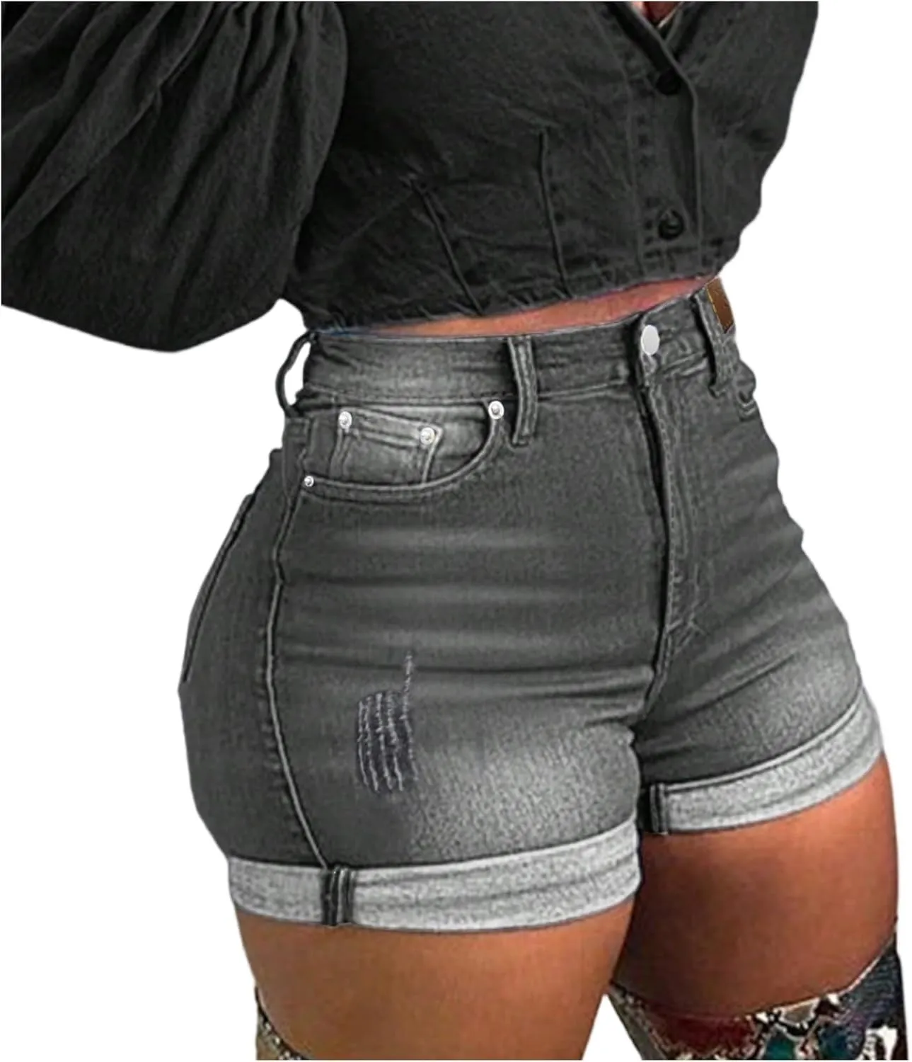 Stretchy Jean Shorts for Women High Waisted Butt Lifting Denim Shorts Tummy Control Booty Cuffed Jorts with Pockets