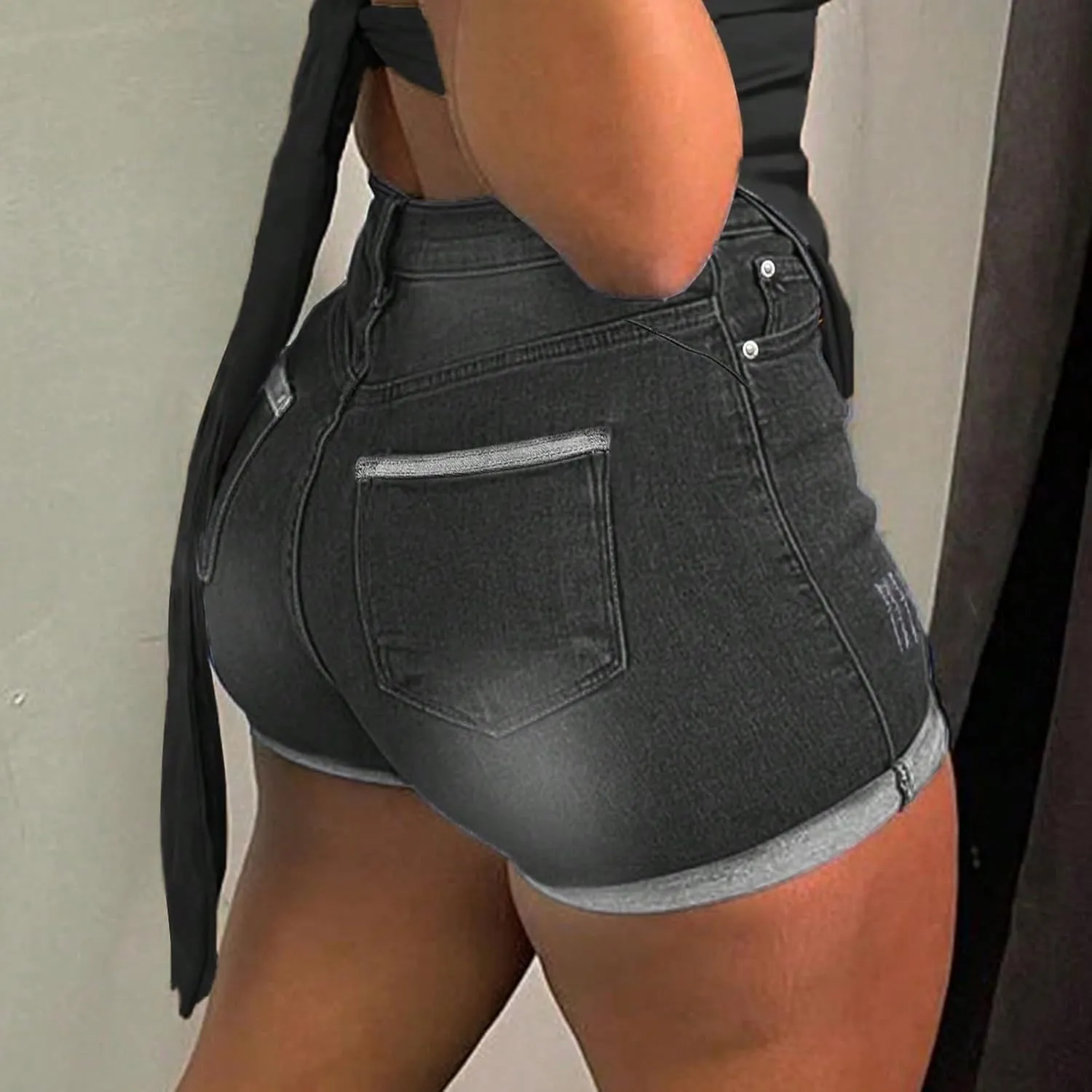 Stretchy Jean Shorts for Women High Waisted Butt Lifting Denim Shorts Tummy Control Booty Cuffed Jorts with Pockets