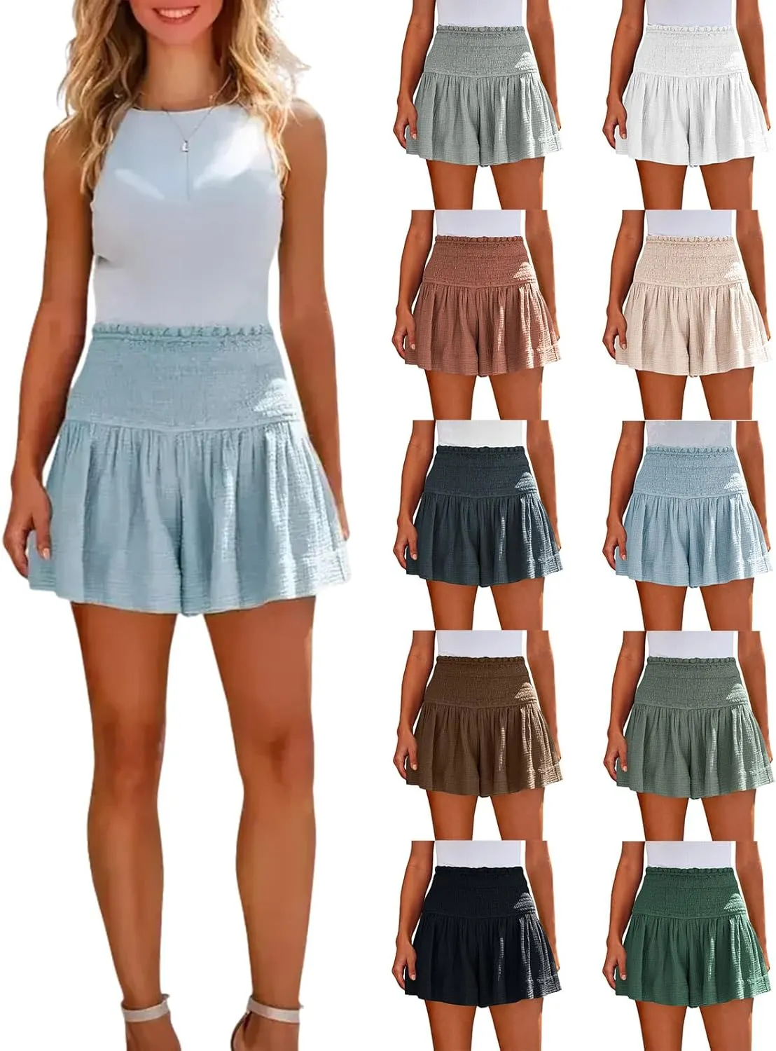 Summer Linen Shorts for Women High Waisted Smocked Pleated Ruffle Shorts Wide Leg Flowy Travel Vacation Beach Short