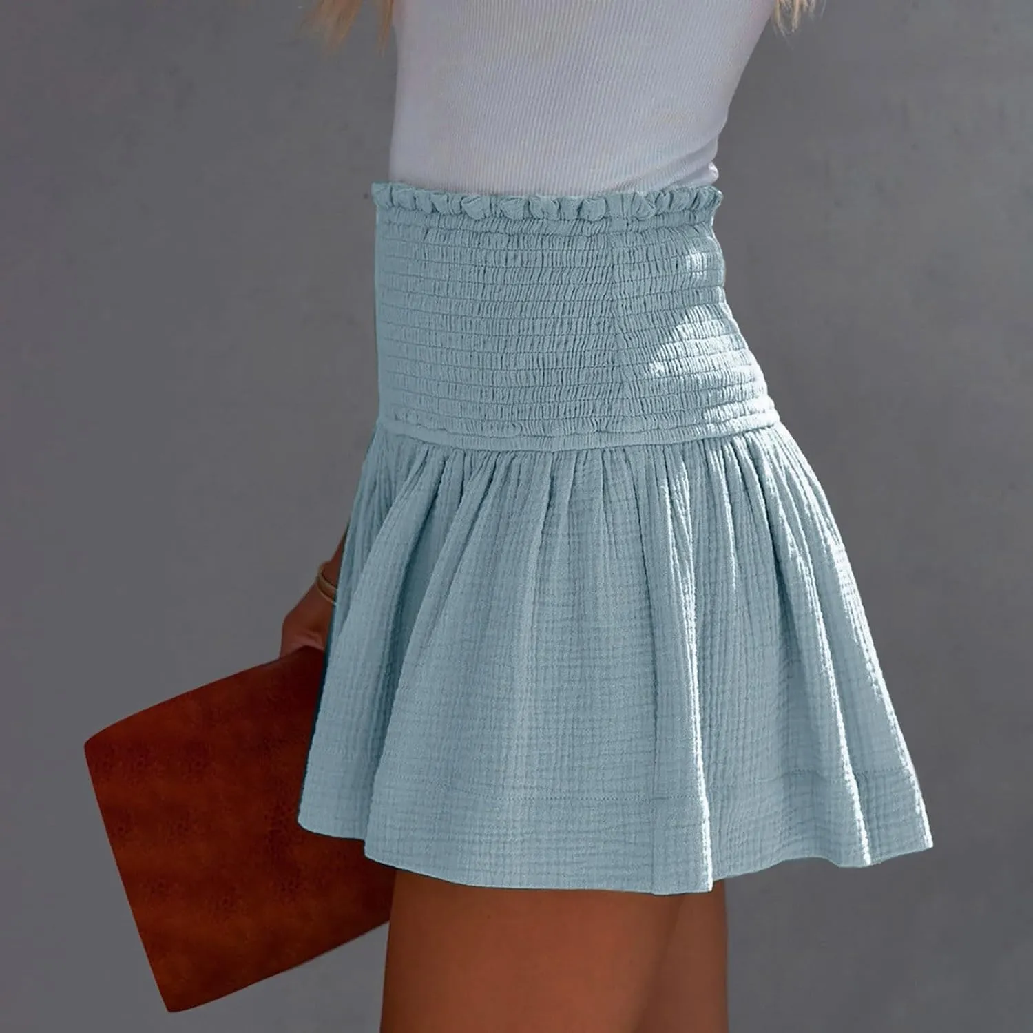 Summer Linen Shorts for Women High Waisted Smocked Pleated Ruffle Shorts Wide Leg Flowy Travel Vacation Beach Short