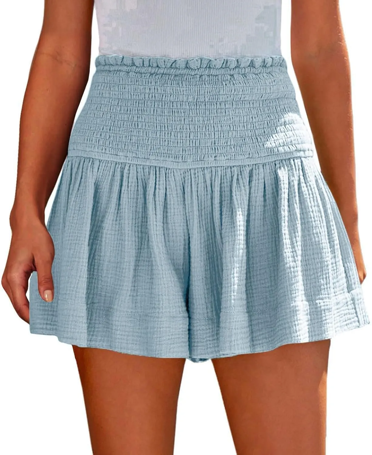 Summer Linen Shorts for Women High Waisted Smocked Pleated Ruffle Shorts Wide Leg Flowy Travel Vacation Beach Short