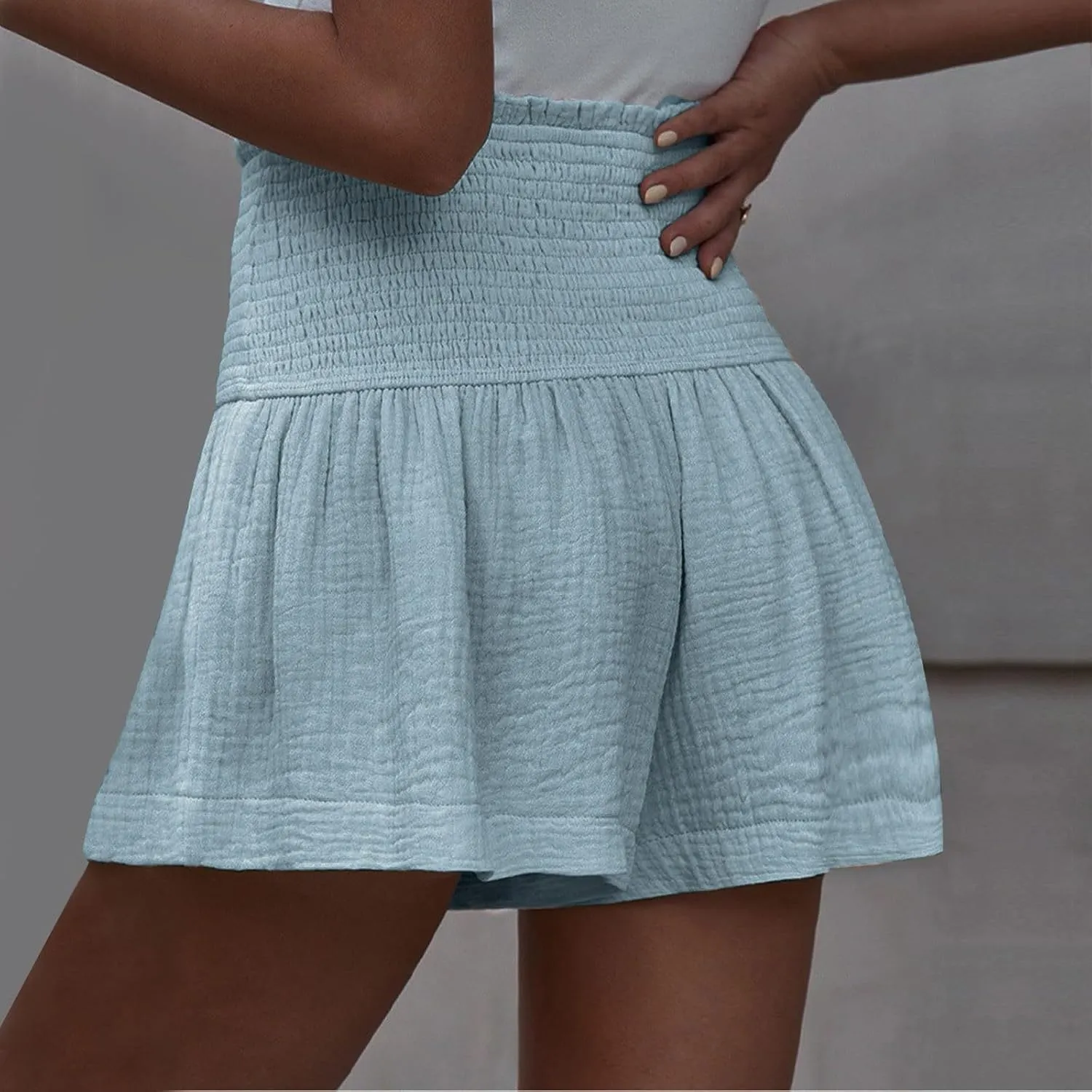 Summer Linen Shorts for Women High Waisted Smocked Pleated Ruffle Shorts Wide Leg Flowy Travel Vacation Beach Short