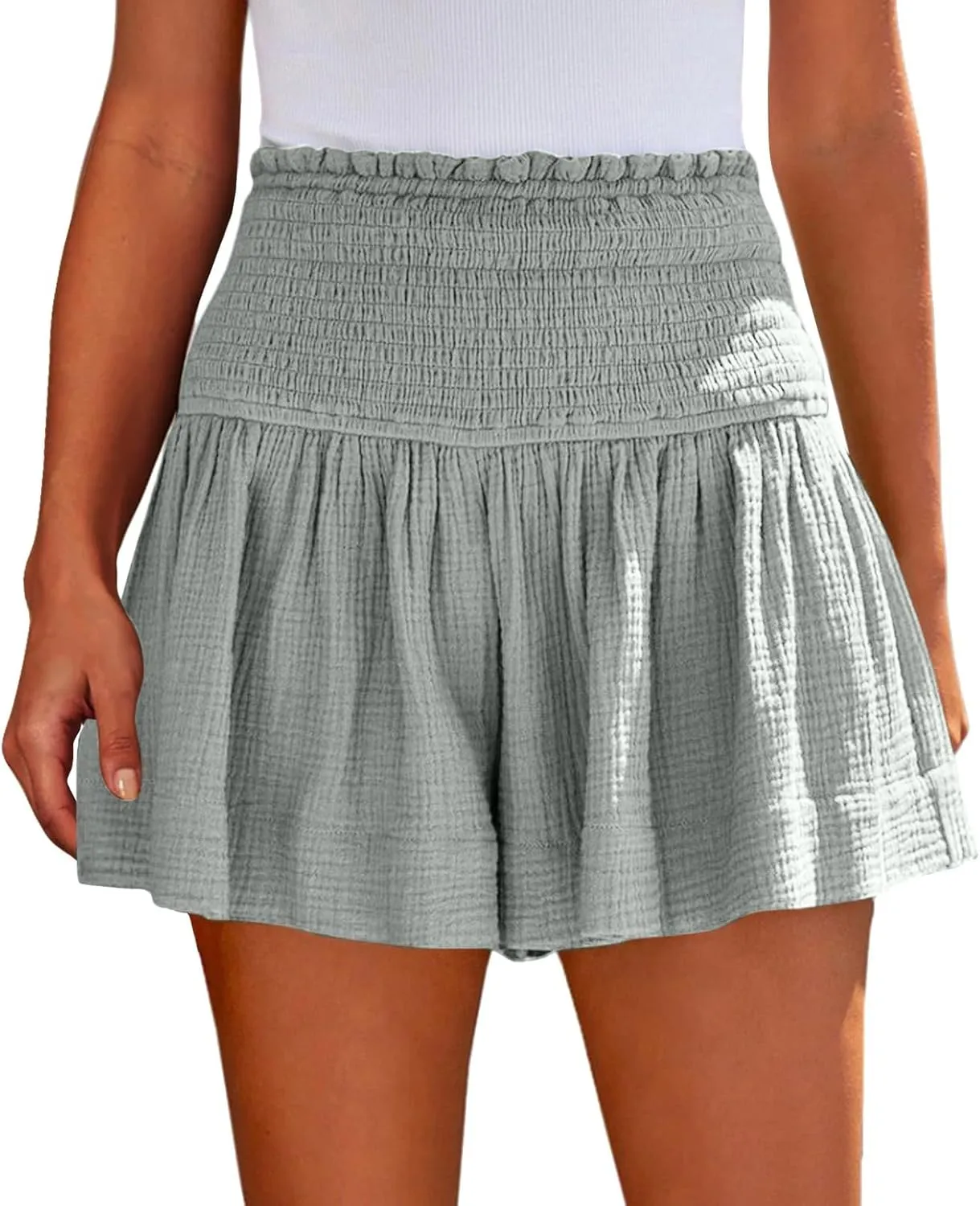 Summer Linen Shorts for Women High Waisted Smocked Pleated Ruffle Shorts Wide Leg Flowy Travel Vacation Beach Short