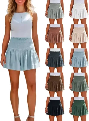 Summer Linen Shorts for Women High Waisted Smocked Pleated Ruffle Shorts Wide Leg Flowy Travel Vacation Beach Short