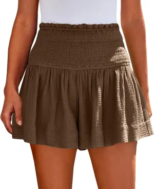 Summer Linen Shorts for Women High Waisted Smocked Pleated Ruffle Shorts Wide Leg Flowy Travel Vacation Beach Short