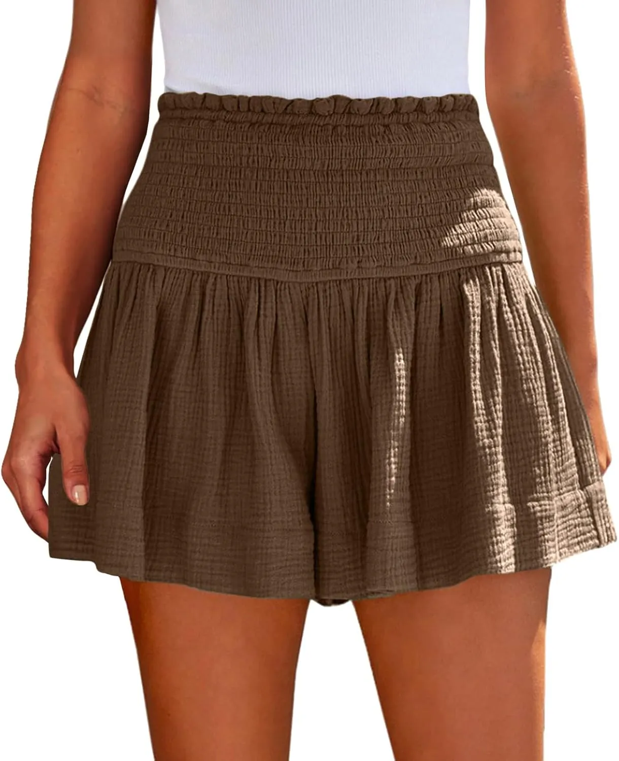 Summer Linen Shorts for Women High Waisted Smocked Pleated Ruffle Shorts Wide Leg Flowy Travel Vacation Beach Short