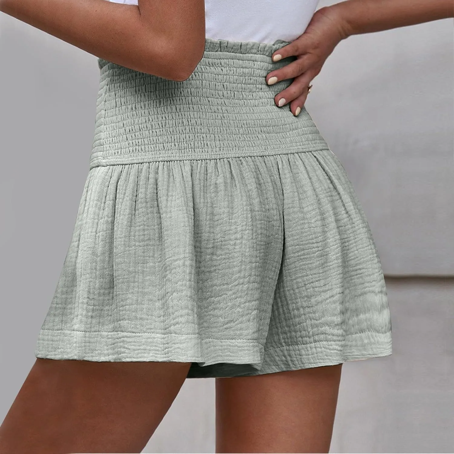 Summer Linen Shorts for Women High Waisted Smocked Pleated Ruffle Shorts Wide Leg Flowy Travel Vacation Beach Short