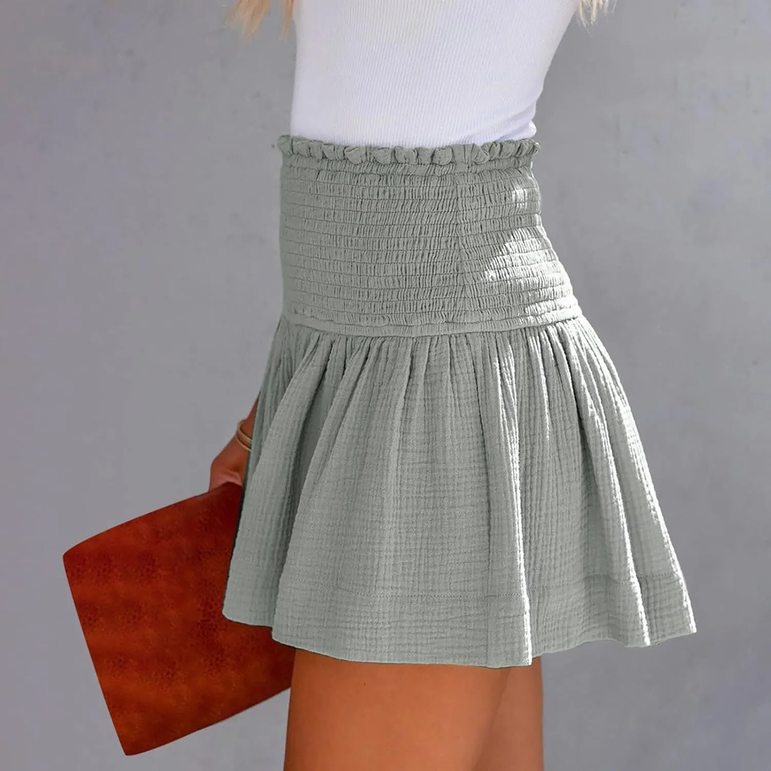 Summer Linen Shorts for Women High Waisted Smocked Pleated Ruffle Shorts Wide Leg Flowy Travel Vacation Beach Short